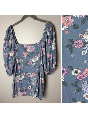 Candace Cameron Bure Blouse Plus Size 1X Top Square Neck Floral Short Sleeves